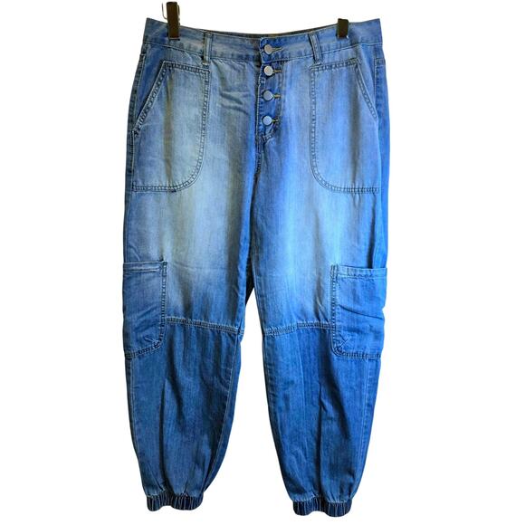 Denim Joggers Button Fly Womens Pants Sz XL Large Cargo Blue Mid Wash Cotton - Picture 2 of 12